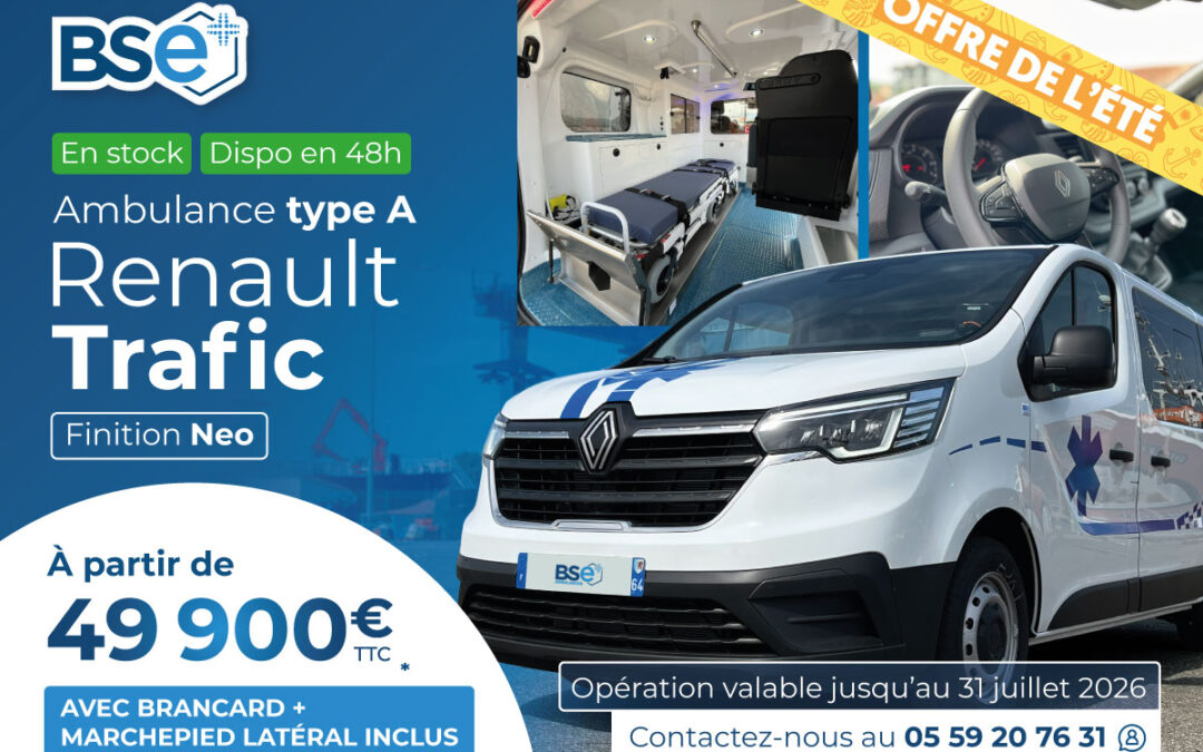 [Offre de l&rsquo;été ☀️] Votre ambulance type A Renault Trafic, en finition Neo, avec brancard et marchepied latéral inclus !