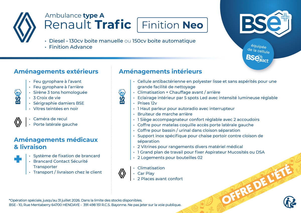 Opération spéciale été 2026 sur les ambulances BSE Renault Trafic en finition Neo